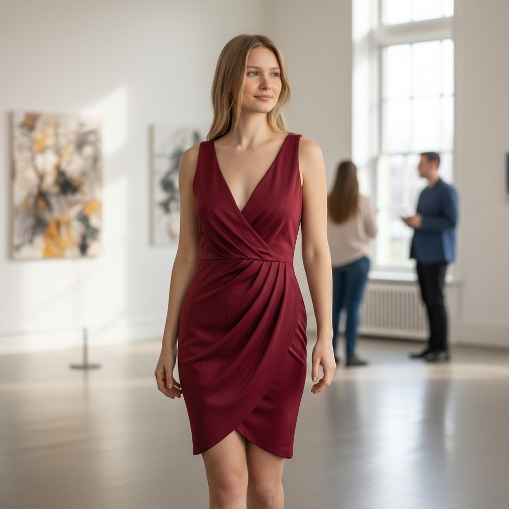 Manydress Womens Burgundy V Neck Sleeveless Tulip Hem Cocktail Wrap Dress M NEW